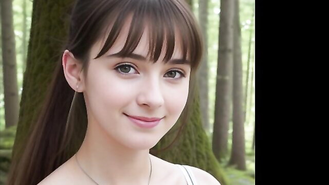 Cute 18yo Asian teen doll with bangs smiling in forest, sexy white top