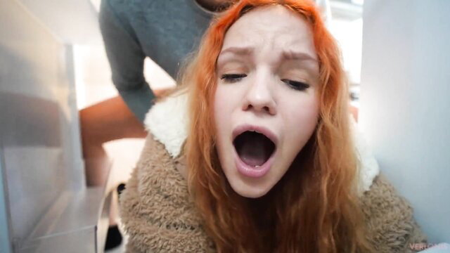 Redhead girl stuck in fridge, stepbro fucks her pussy hard from behind