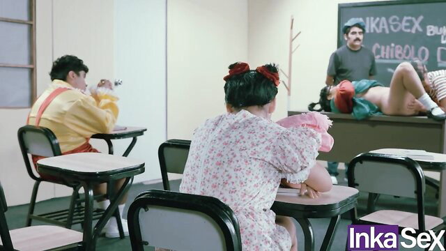 Peruvian Doña Rosinda skirt up exposing pussy at Chibolo school orgy