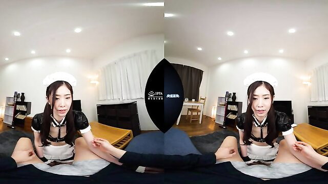 Lustful Asian maid in maid outfit spreads legs in VR POV