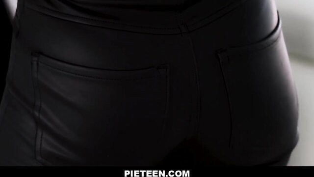 Brixley Benz ebony ass in tight leather pants closeup