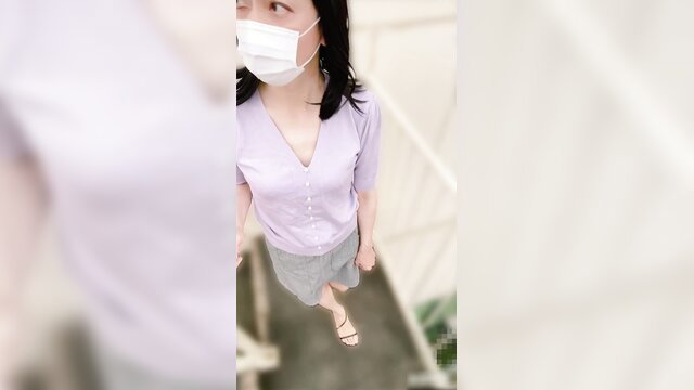 Mana-channel in purple cardigan and skirt, masked upskirt view on stairs