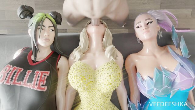 Billie Eilish, Sabrina Carpenter, Ariana Grande sex dolls deepthroat on couch