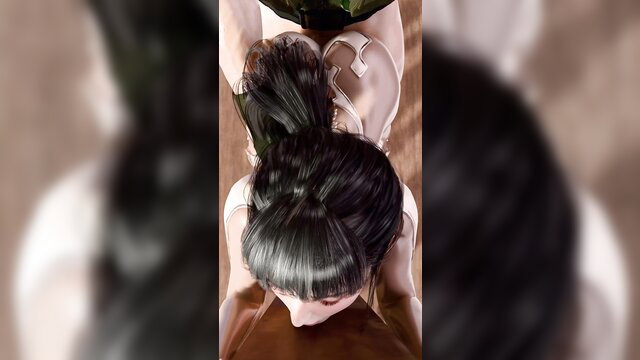 Top-down view of Asian domme in lingerie straddling sub in domination scene