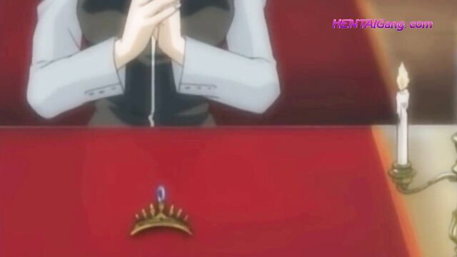 Hentai girl in elegant dress prays before glowing blue jewel crown