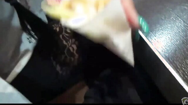 Naughty girl licks jizz off fries in sexy lingerie closeup
