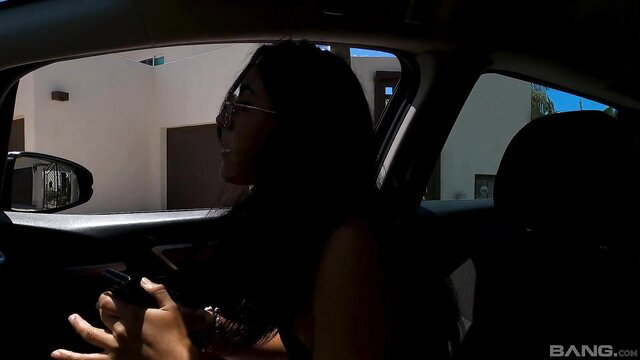 Krista Reyes hot brunette with glasses in car blowjob