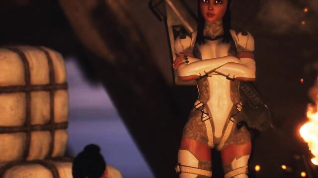 Sexy Asian sci-fi babe in tight white bodysuit poses with gun by fire