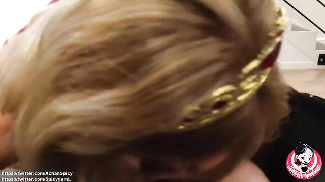 June Liu blonde hair crown closeup in horny Asian threesome