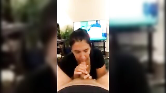 Granny in black top sucking cock closeup POV