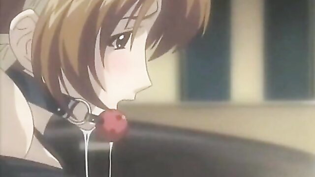 Anime girl with ball gag, drooling in BDSM collar closeup