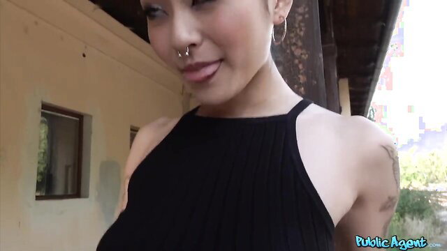 Rae Lil Black in tight black top, sexy outdoor Public Agent tease