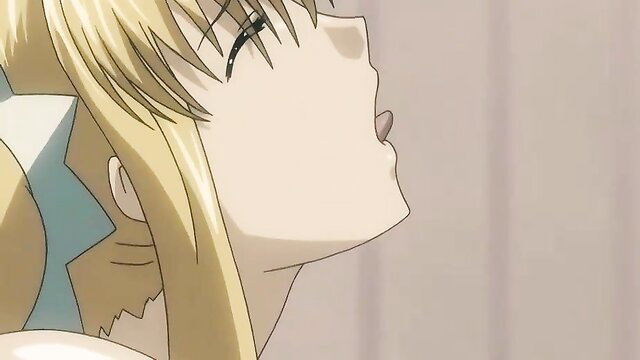 Blonde anime hentai girl with blue hair accessory smirking seductively close-up