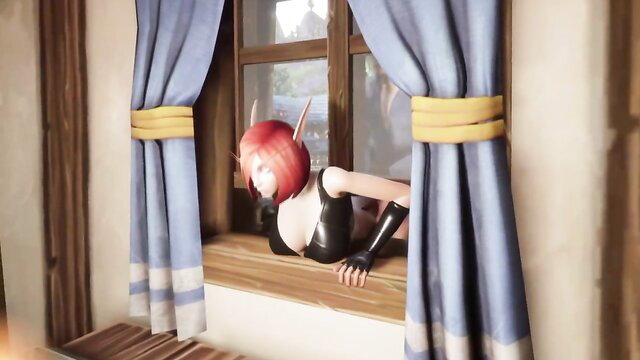 Stuck elf thief in lingerie roughly fucked on window in 3D hentai