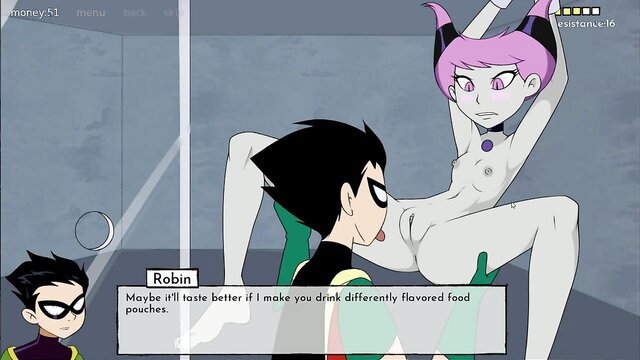 Teen Titans hentai: Jinx nude pussy on Robin's face, alien elemental action