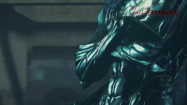 Shiny green alien kunoichi babe in tight bodysuit teases deep suck