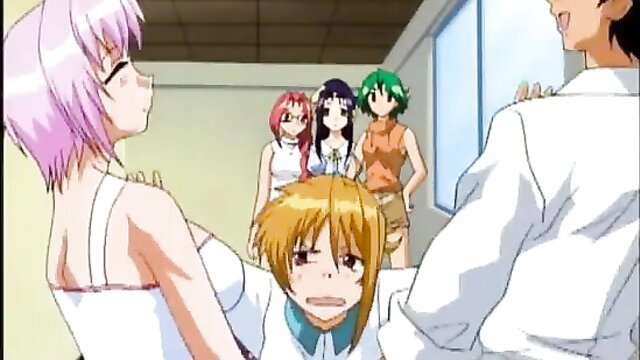 Hentai anime girls in tight outfits surround embarrassed blonde in JAV group tease