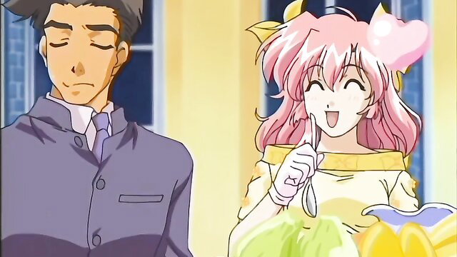 Anime hentai teen girl in yellow dress whispering to suited man, squirting cartoon