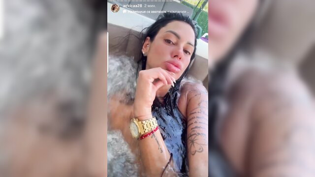 Aleksandra Djuric sexy wet selfie in fur, tattoos, gold watch