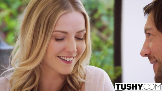 Hot smiling blonde with man outdoors, Tushy anal tease