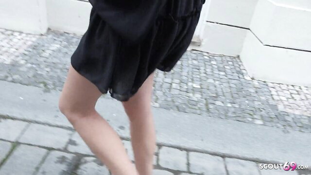 Skinny Isabella De Laa walking in short black dress, German Scout pickup
