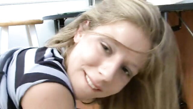 Chasity Lynn blonde teen smiles playfully in striped top, hungry for sex