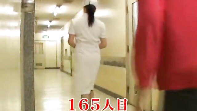 Asian nurse in tight white dress walks hospital corridor, sexy ass view