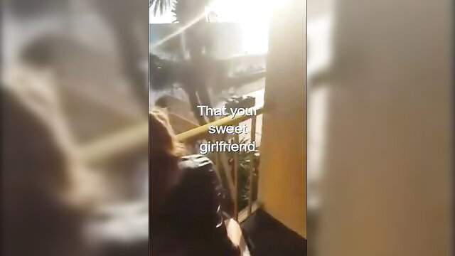 Hotwife dared by friends, blurry balcony tease in leather jacket