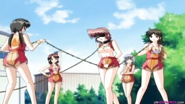 Uncensored hentai girls in skimpy orange bikinis tied outdoors, Anal Sanctuary
