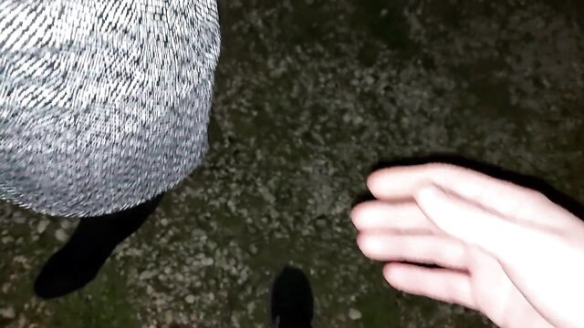 POV wife dogging handjob for watchers in parking lot at night