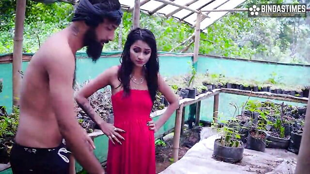 Indian teen farmhouse malkin in red dress teases shirtless hunk outdoors
