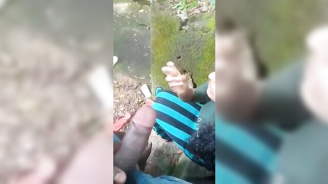 Outdoor Sri Lankan amateur sex with black man and woman by tree