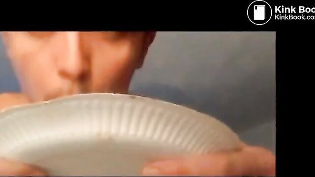 Man chewing shit from plate in extreme scat fetish closeup