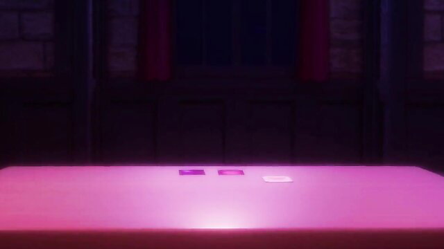Pink neon glow on empty table in dark church, erotic MMD tease