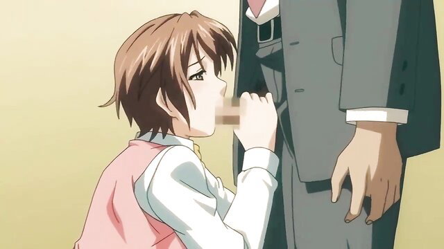 Anime girl kneels sucking suited man's cock in hentai scene