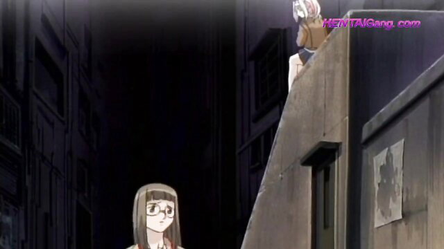 Glasses anime girl in skirt outdoors with masked figure, hentai uncensored