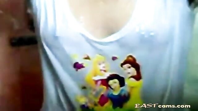 Indian teen in sheer Disney princess tank top, cleavage tease