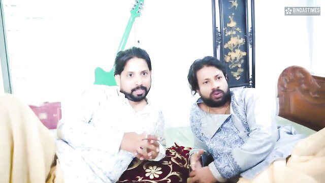 Two hairy Indian men in kurtas lounging intimately in messy threesome preview