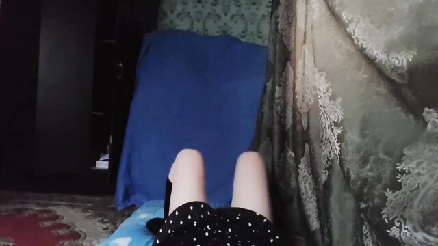Soft feminine femboy legs up in polka dot skirt, fluffy robe tease