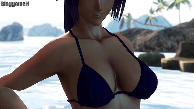 Busty purple-haired anime babe in skimpy black bikini on beach