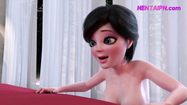 Nude animated black-haired mom leaning over bed in FUTA surprise