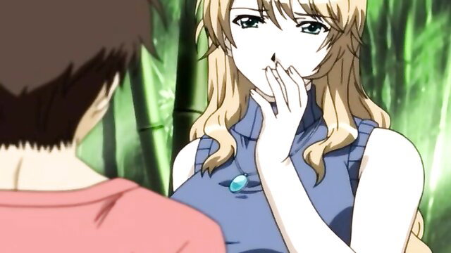 Busty mature anime blonde shocked in woods, huge tits in blue top