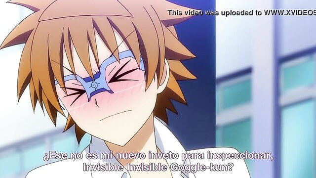 Blushing anime boy with invisible goggles in ecchi hentai scene