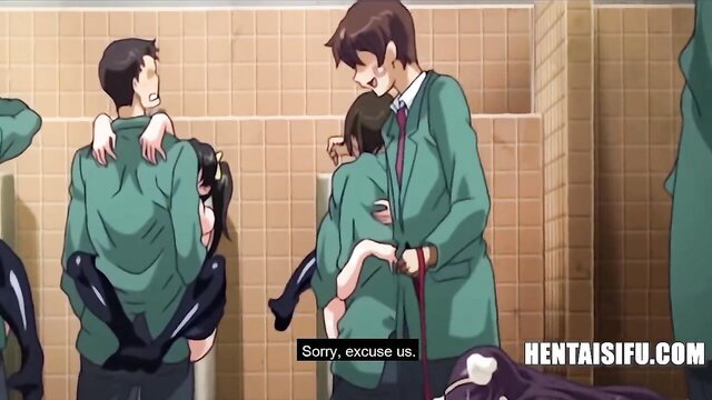 Hentai schoolboys gangbang girl in public toilet, lifting her for sex