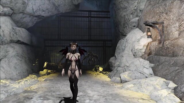 Sexy brunette anime demon girl in lingerie and wings seduces in cave