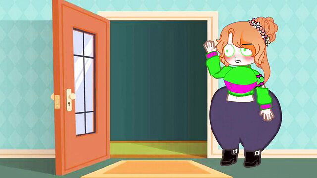 Cute orange-haired futa girl waving at door in tight green crop top and pants