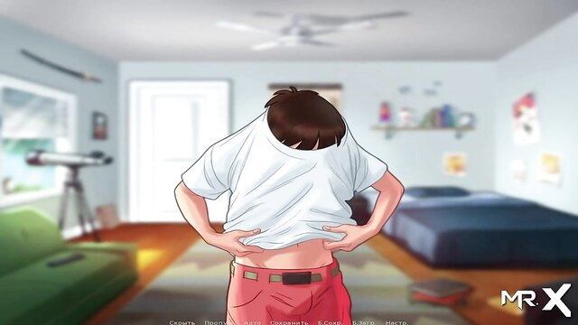 Summertime Saga teen back view lifting shirt showing tattoo in room