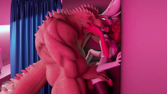 Angel Dust pinned against wall in rough kiss with muscular lizard client