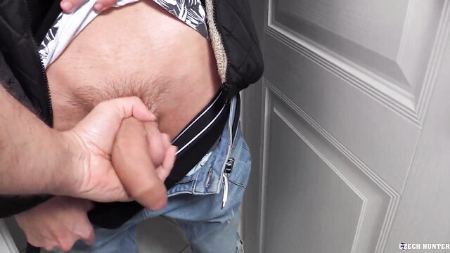 Man grabs bulge in jeans, hairy belly exposed in amateur cash sex clip