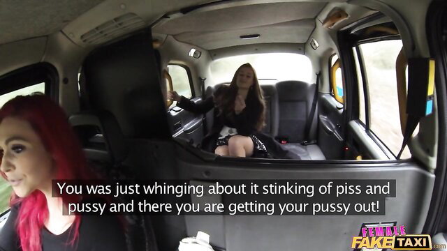 Redhead and brunette in Fake Taxi, teasing about stinky pussy whining